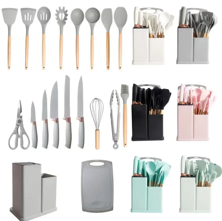 Ensemble d&#39;Ustensiles de Cuisine en Silicone avec Manche en Bois-18 piece