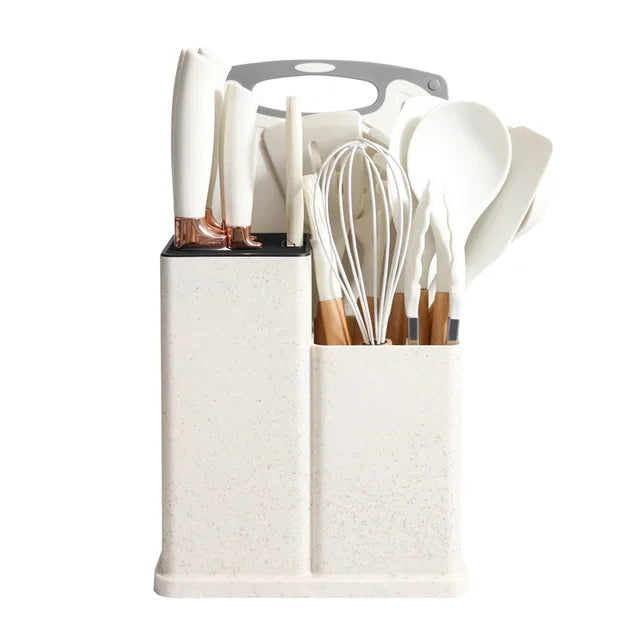 Ensemble d&#39;Ustensiles de Cuisine en Silicone avec Manche en Bois-18 piece