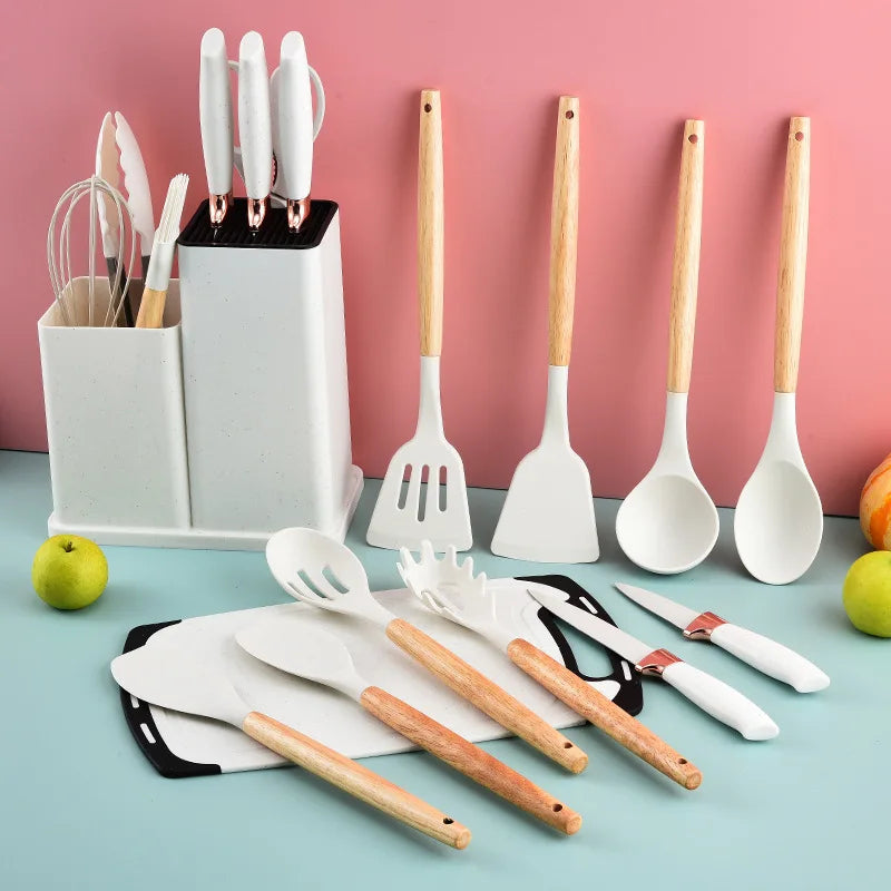Ensemble d&#39;Ustensiles de Cuisine en Silicone avec Manche en Bois-18 piece