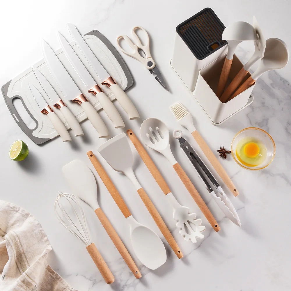 Ensemble d&#39;Ustensiles de Cuisine en Silicone avec Manche en Bois-18 piece