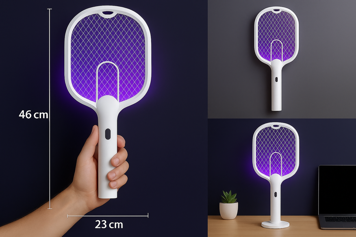 Raquette Anti-Moustiques 3‑en‑1 (Lampe &amp; Support) | راكيت حماية 3 في 1 ضد الناموس