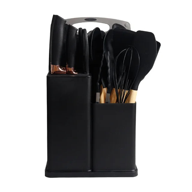 Ensemble d&#39;Ustensiles de Cuisine en Silicone avec Manche en Bois-18 piece