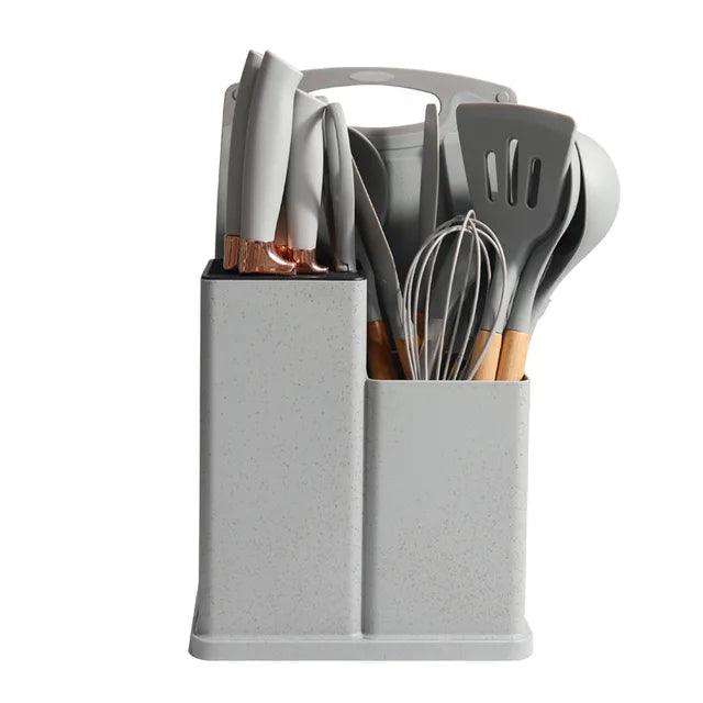 Ensemble d&#39;Ustensiles de Cuisine en Silicone avec Manche en Bois-18 piece