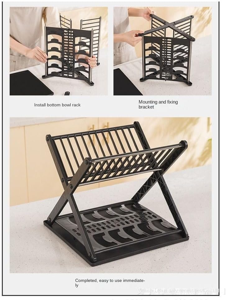 Égouttoir à vaisselle et organiseur de bols à 2 niveaux avec tiroir étanche Égouttoir compact en forme de X pour sécher la vaisselle dans la cuisine