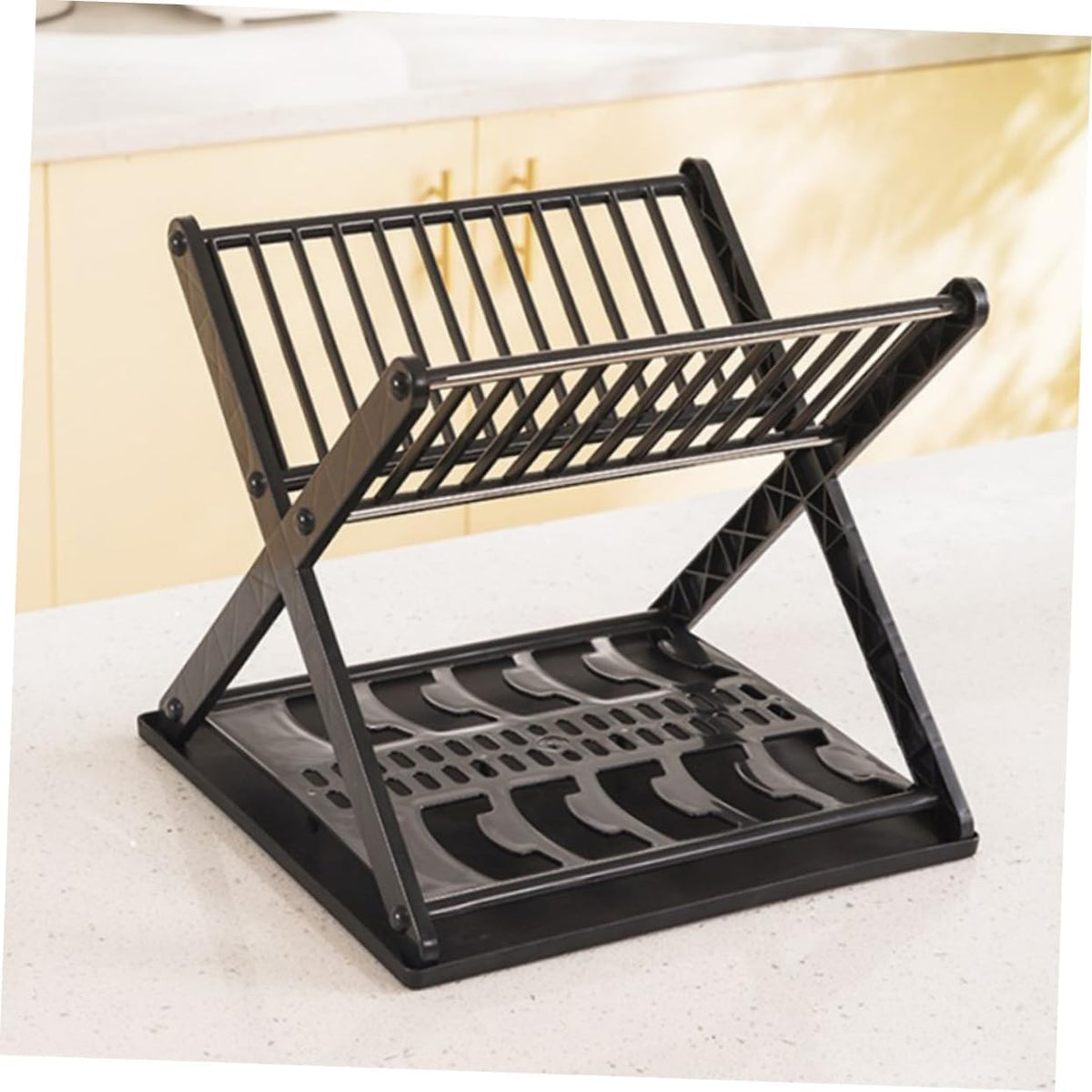 Égouttoir à vaisselle et organiseur de bols à 2 niveaux avec tiroir étanche Égouttoir compact en forme de X pour sécher la vaisselle dans la cuisine