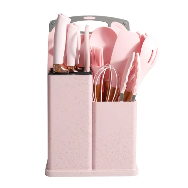 Ensemble d&#39;Ustensiles de Cuisine en Silicone avec Manche en Bois-18 piece