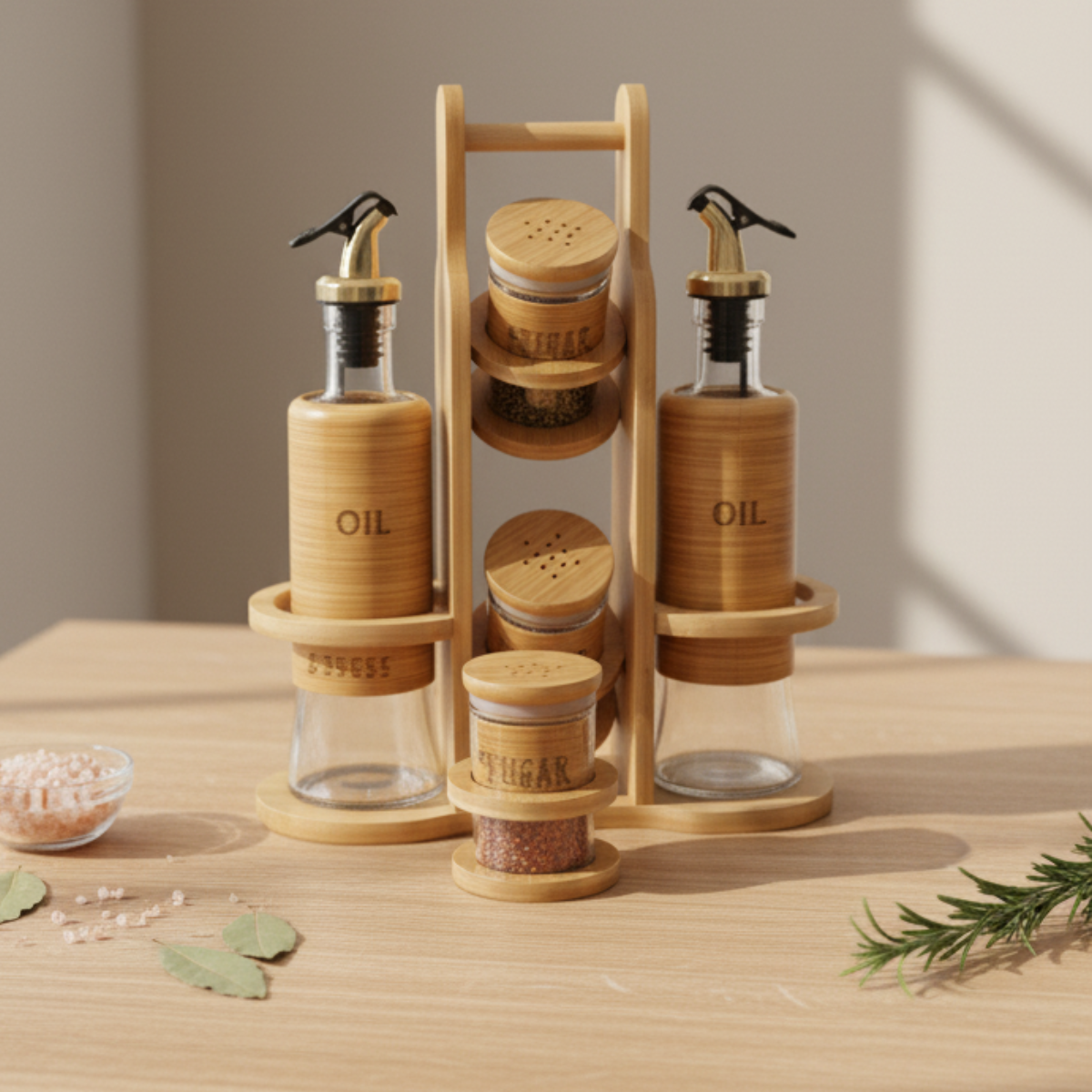 Lot de 4 pots à épices, bouteilles à vinaigre et huile, sel et poivre, distributeurs à épices avec socle en bois, support à épices avec couvercle