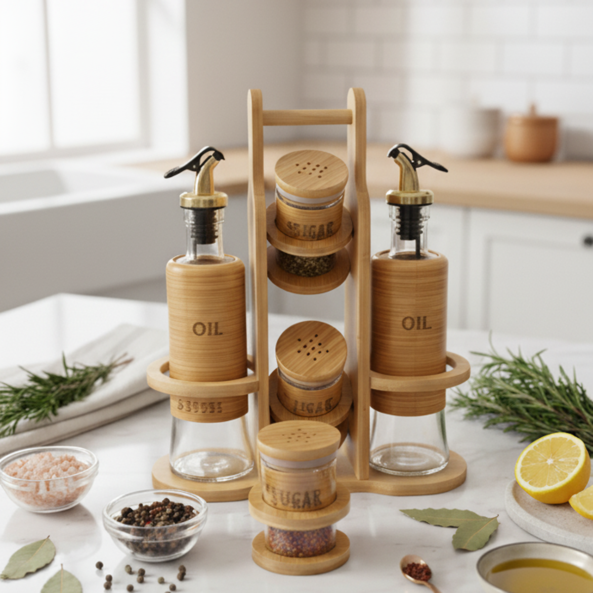 Lot de 4 pots à épices, bouteilles à vinaigre et huile, sel et poivre, distributeurs à épices avec socle en bois, support à épices avec couvercle