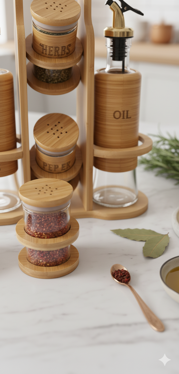 Lot de 4 pots à épices, bouteilles à vinaigre et huile, sel et poivre, distributeurs à épices avec socle en bois, support à épices avec couvercle