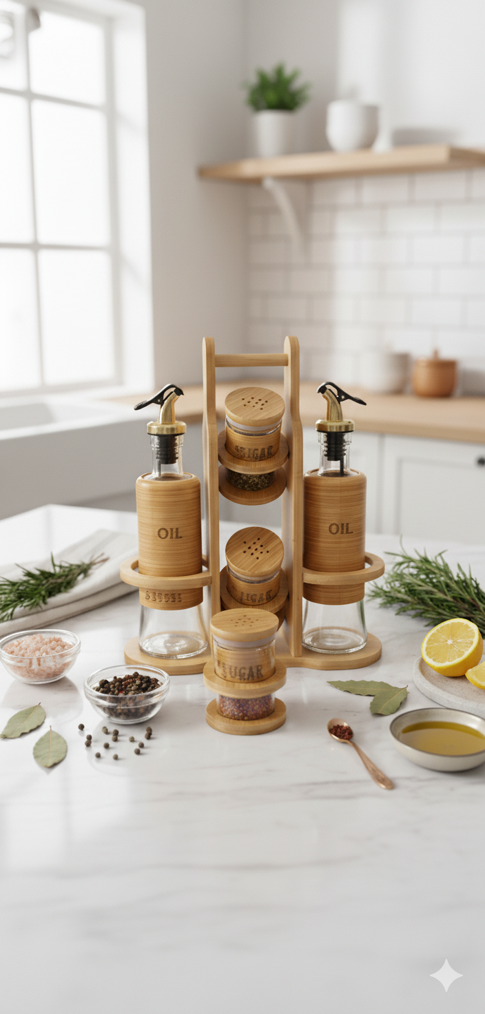 Lot de 4 pots à épices, bouteilles à vinaigre et huile, sel et poivre, distributeurs à épices avec socle en bois, support à épices avec couvercle