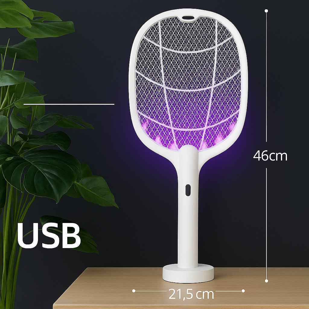 Raquette Anti-Moustiques 3‑en‑1 (Lampe &amp; Support) | راكيت حماية 3 في 1 ضد الناموس