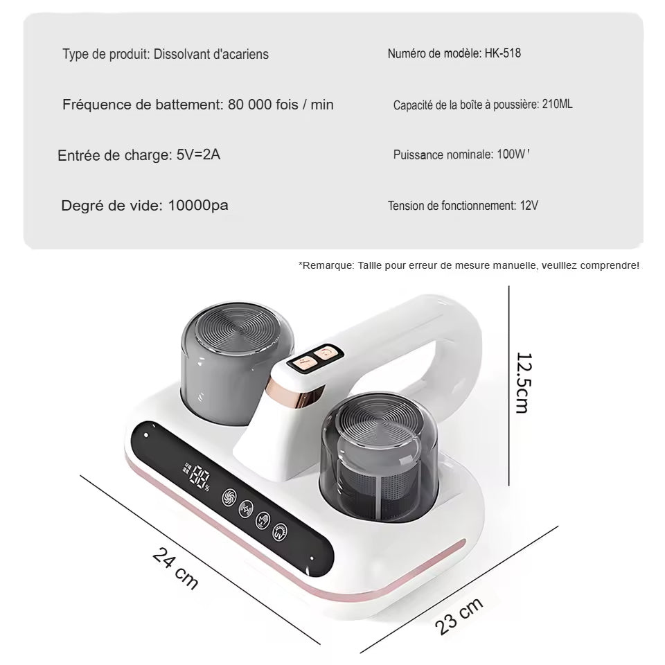 Aspirateur à main sans fil pour matelas, dissolvant d&#39;acariens UV 10KPa, aspiration puissante pour le nettoyage des oreillers de lit, des vêtements et du canapé