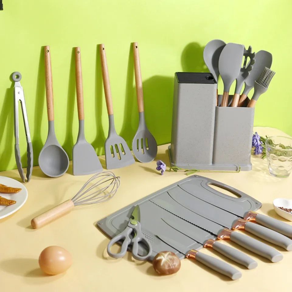 Ensemble d&#39;Ustensiles de Cuisine en Silicone avec Manche en Bois-18 piece