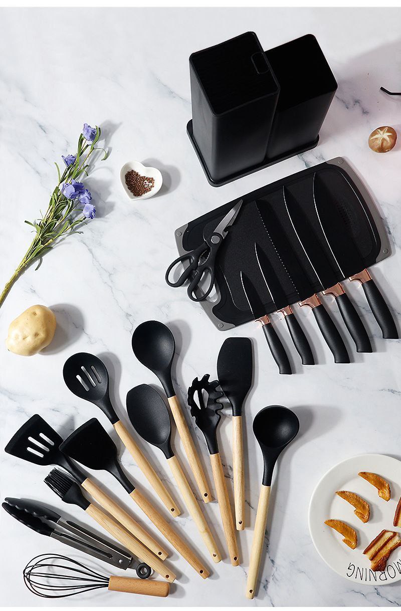 Ensemble d&#39;Ustensiles de Cuisine en Silicone avec Manche en Bois-18 piece